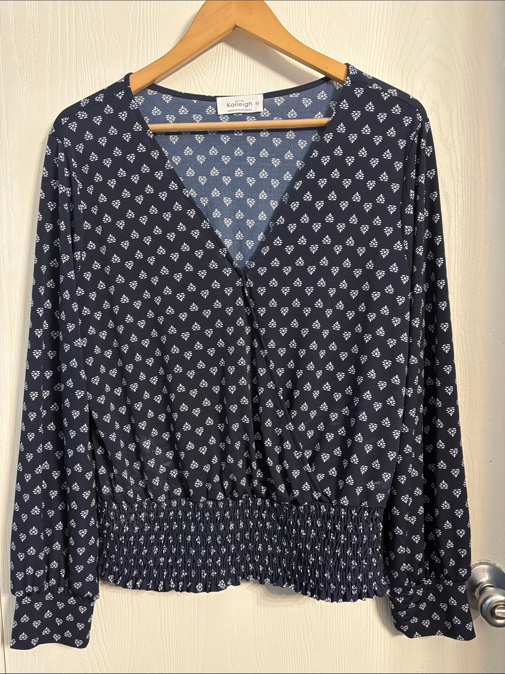 Kaileigh Navy Long-Sleeve V-Neck Smocked-Waist Top with White Floral Print